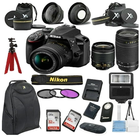 Nikon D3400 DSLR Camera+18-55mm VR Lens Kit+70-300mm Zoom Lens+Accessory Bundle+2X 32GB Memory+DSLR Bag+Wide Angle Lens 2x Telephoto Lens+Flash+More
