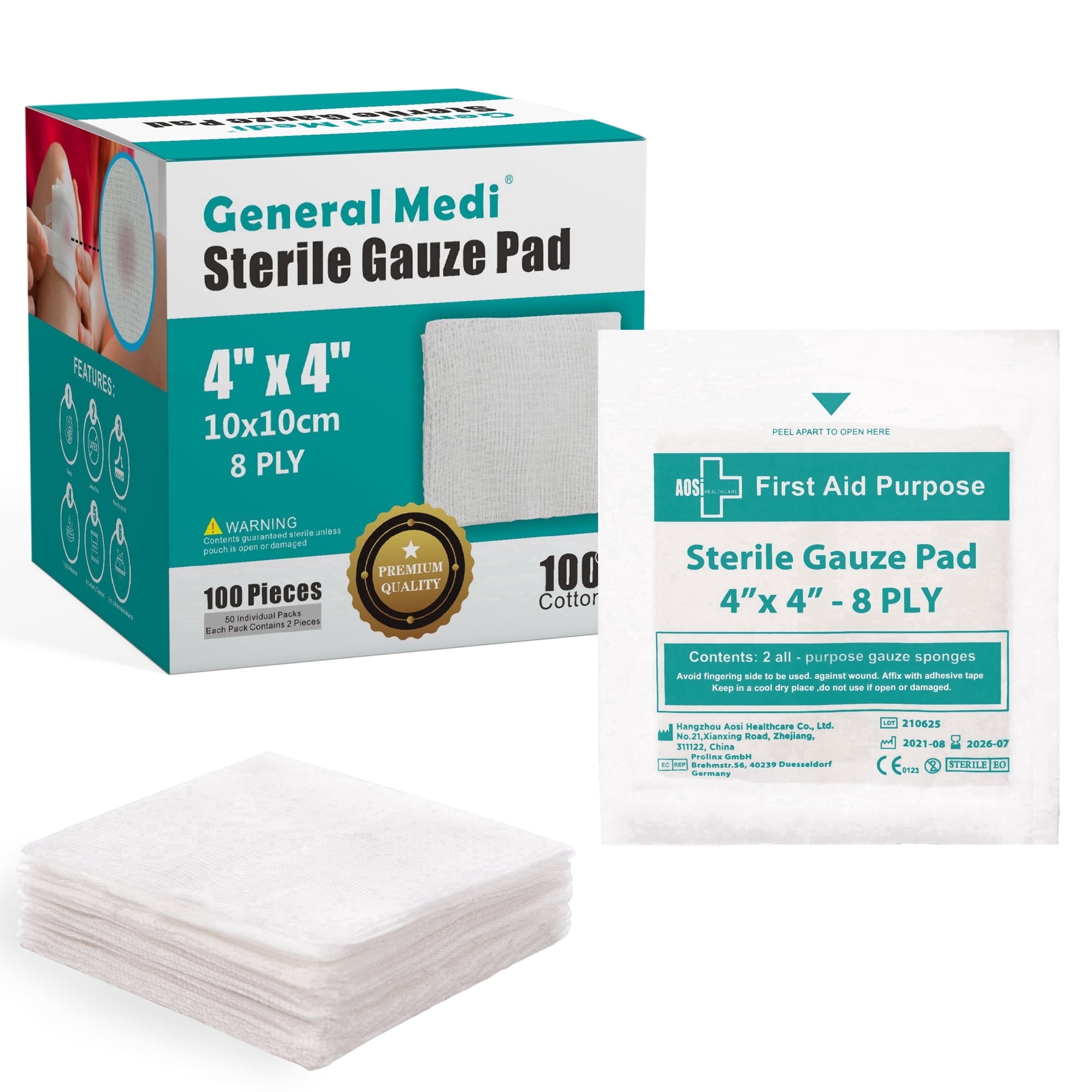 General Medi Sterile Gauze Pads - 4" x 4" Individually Wrapped (50 Packs, 100 Pieces Total)Extra Absorbent, Non-Stick, for Heavy Wounds and First Aid Kits