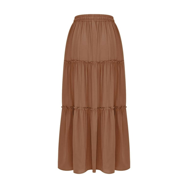 Womens Solid Boho Tiered Skirt Elastic Drawstring High Waist
