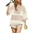 thumbnail image 2 of UAMVSH Women Striped Workout Sets Trendy Two Piece Matching Outfits Oversized Half Zipper Lounge Top and Shorts Sweatsuit with Pockets(Medium,Beige), 2 of 7