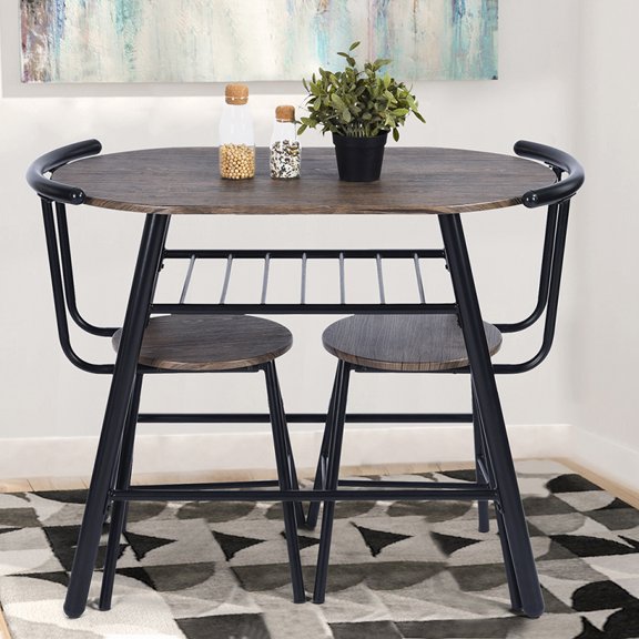 3 Pieces Dining Set, Bistro Table Set with Metal Frame and Shelf Storage, Contemporary Bar Table Set, Couple Wooden Table and 2 Chairs Set for Cafe/Breakfast Nook/Kitchen, Space Saving, JA1537