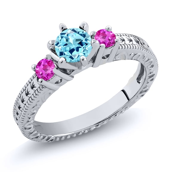 Gem Stone King 0.76 Ct Round Blue Apatite Pink Sapphire 925 Sterling Silver Ring (Size 5)