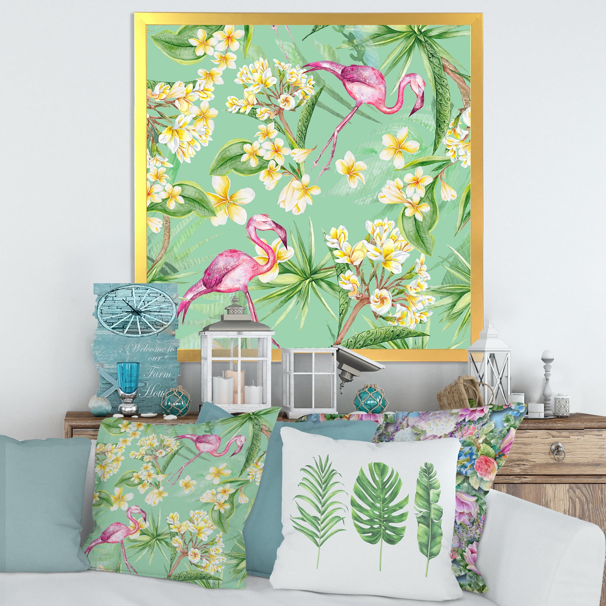 Designart 'Yellow Flowers, Tropical Foliage With Flamingo V' Traditional Framed Art Print