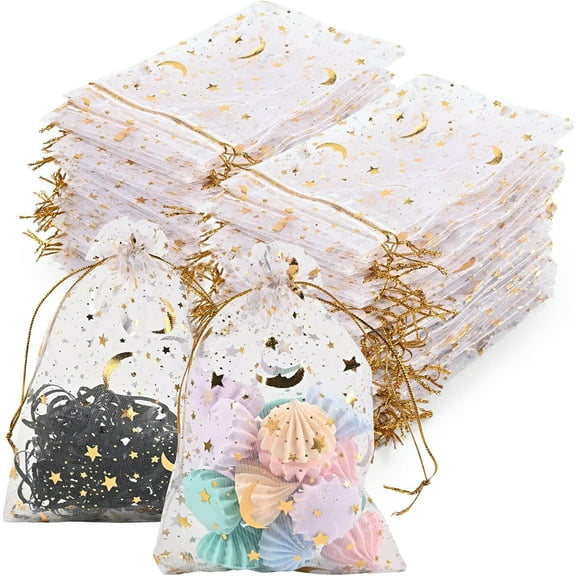 100 Pcs White Organza Bags 4X6 inch Small Mesh Gift Bag Drawstring Candy Bag Pouch Moon Star Jewelry Bag for Wedding Party Christmas Favor Candy Bags Gift Wrapping Supply,White,4*6 in,opboutique