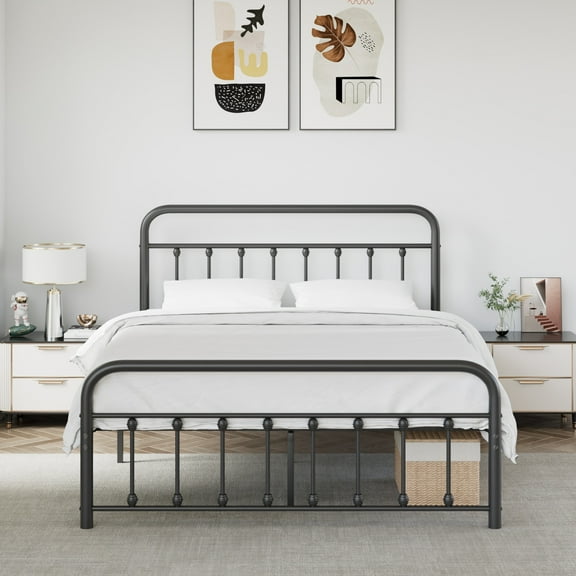 VECELO Queen Size Metal Bed Frame with Headboard and Footboard, Mattress Foundation Heavy Duty Steel Platform Bed, Black