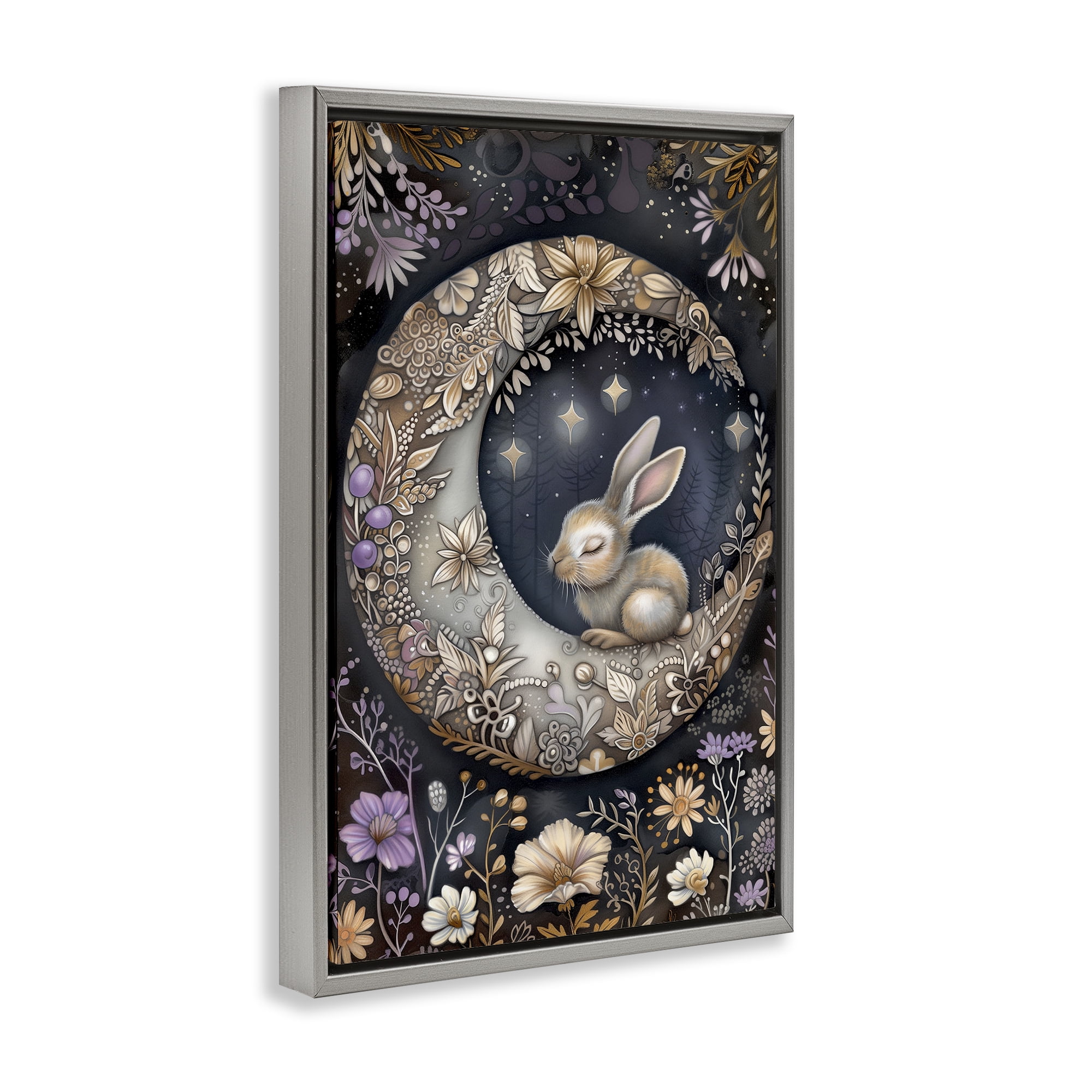 Stupell Industries Rabbit Sleeping on Moon Animals & Insects Painting Gray Floater Framed Art Print Wall Art, 21 x 31