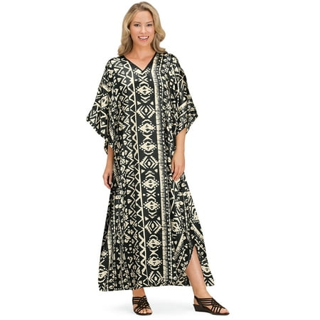 - Women's Comfy Black and Ivory Printed V-Neck Caftan Lounger with Flutter Sleeves, Onesize, Print