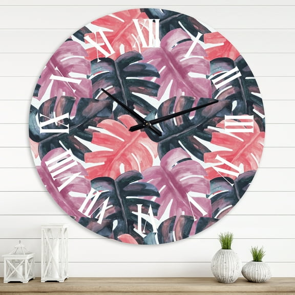 Designart 'Colored Monstera On Rough Brush Strokes Ii' Tropical Wall Clock
