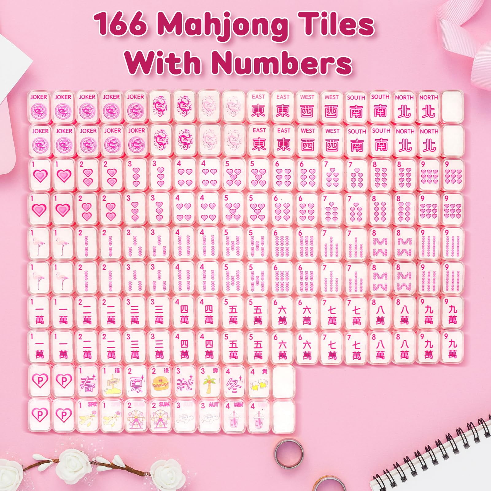 Pink "Love" Mahjong Set | 166 Transparent Tiles (1.18") with Heart Accents, 2 Dice & Blue Case | Complete Game