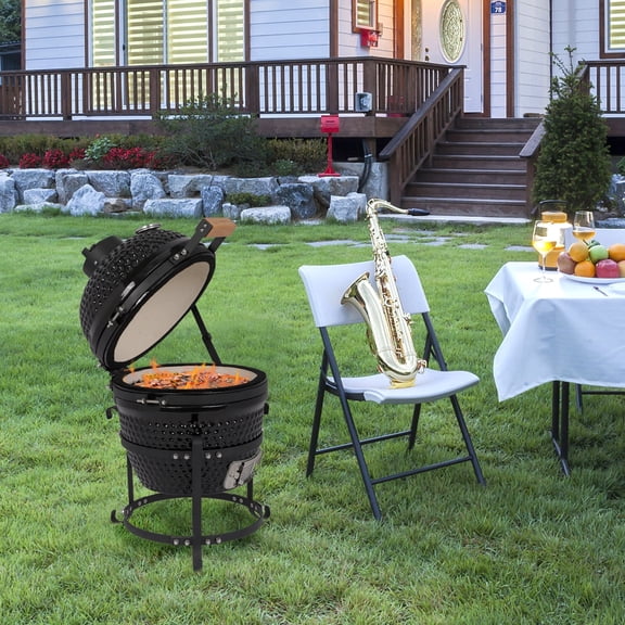 13 Inch Round Ceramic Charcoal Grill Black Portable Kamado Style BBQ Grill High Heat Retention Fuel Efficient Barbecue Grill for Smoking Roasting Baking Outdoor Cooking