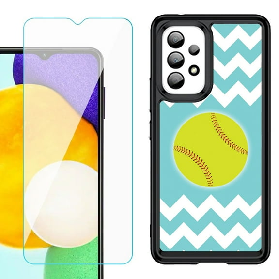 Shockproof Bumper (Black Frame) phone Case for Samsung Galaxy A23 5G, with Tempered Glass Screen Protector, by OneToughShield ® - Chevron/Softball