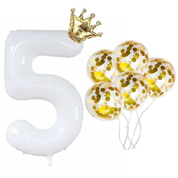 SUNFICON 40 Inches Number 5 Balloon, Giant White Digit Helium Foil Balloons, 1 Gold Crown Balloon, 5 Confetti Balloons for Birthday Wedding Anniversary New Year Party Decorations