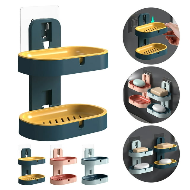 Vacemry 3Pcs Double-Layer Soap Box, Wall-Mounted Soap Holder Rack with Ventilation Design, Bathroom Sink Soap Dispenser for Kitchen Countertop Shower Stall Vanity Organization, No-Drill Punch-Free