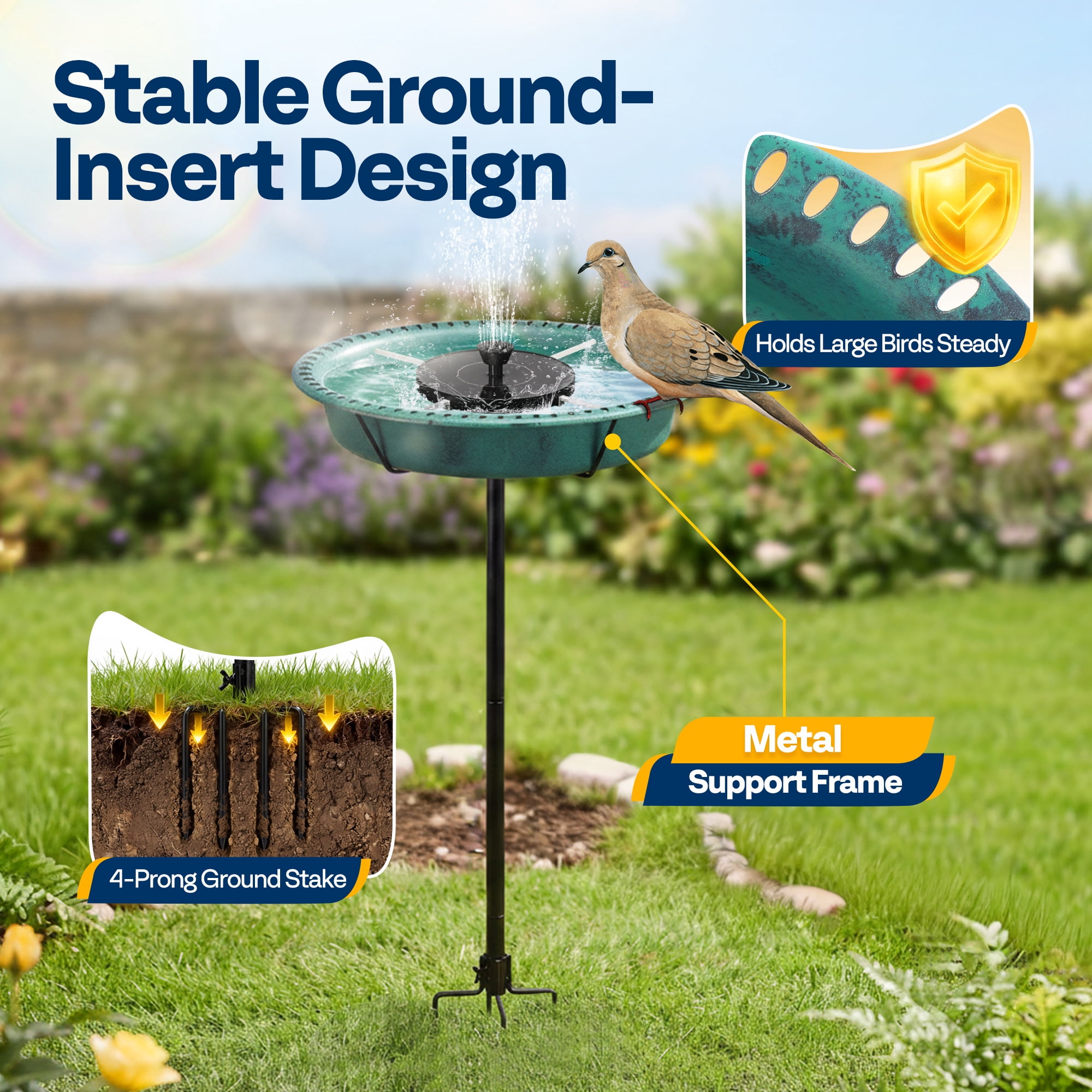 SPECSTAR Oval Bird Bath with Solar Fountain for Outside, Weather-Resistant ABS Birdbath Bowl with Solar Powered Pump, Metal Ground Stake for Outdoor, Garden, 1.3 Gallons, Green