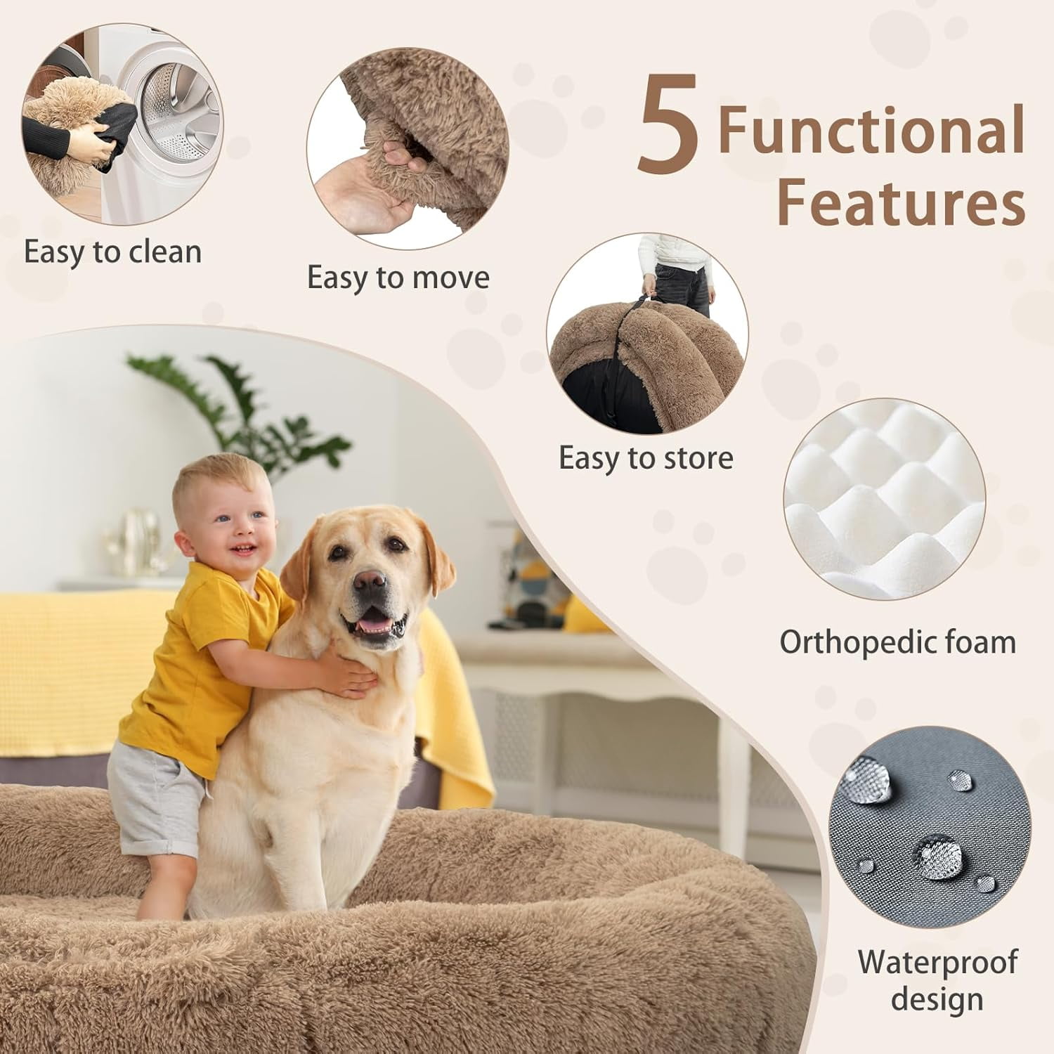 Oversize Human Dog Bed Memory Foam Bed with Plump Pillow and Blanket Khaki 71"L x 45"W x 12"Th