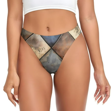 Qokaie Rustic Tile Pattern Printed Women s Cotton Thong Underwear  Sexy Breathable Panties G-string-Small