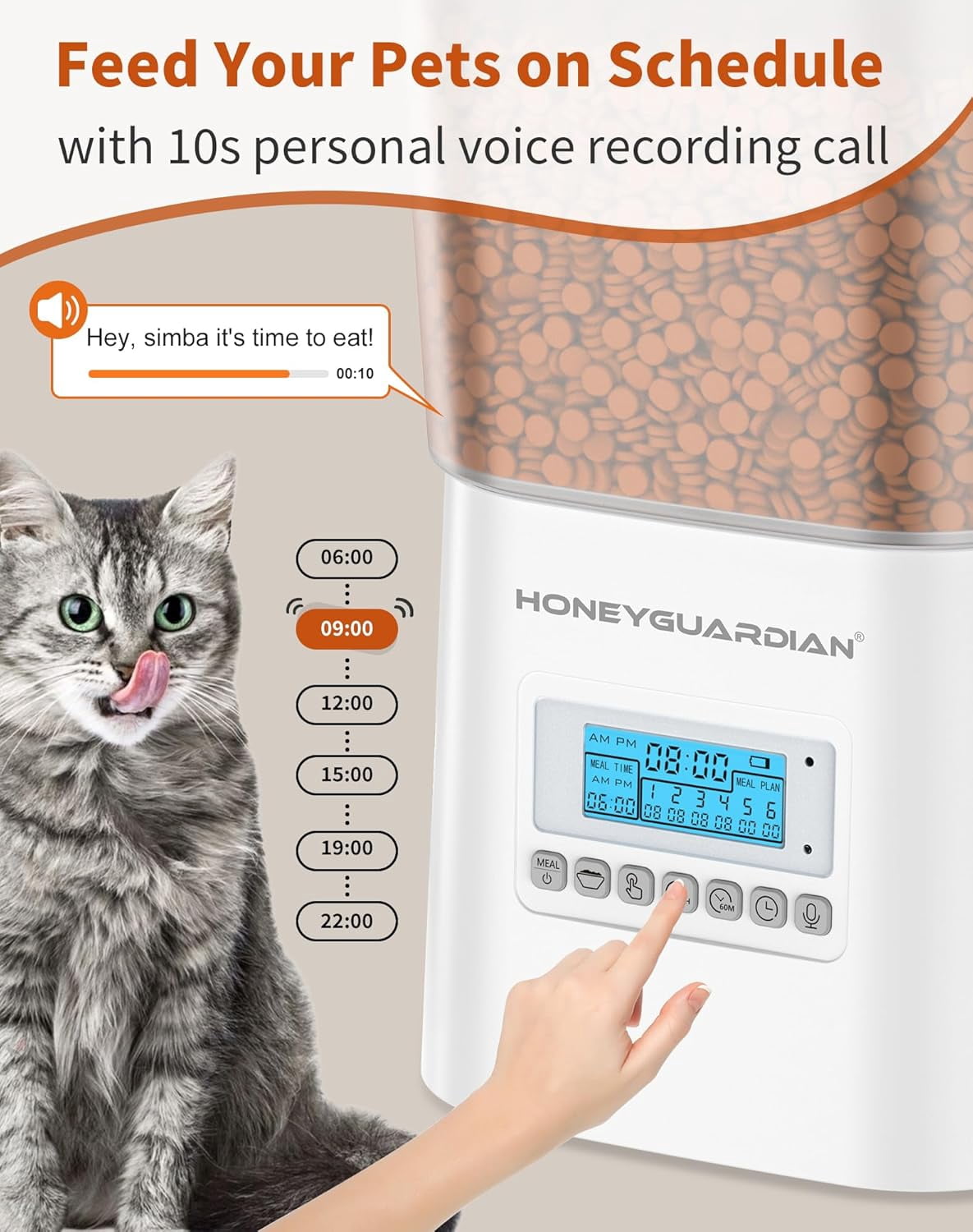 HONEYGUARDIAN Automatic Cat Feeder for 2 Cats 3.5L, Cat Food Dispenser with Stainless Steel Bowl,Timed Cat Feeder for Dry Food Programmable 1-6 Meals Control,Desiccant Bag,10s Meal Call