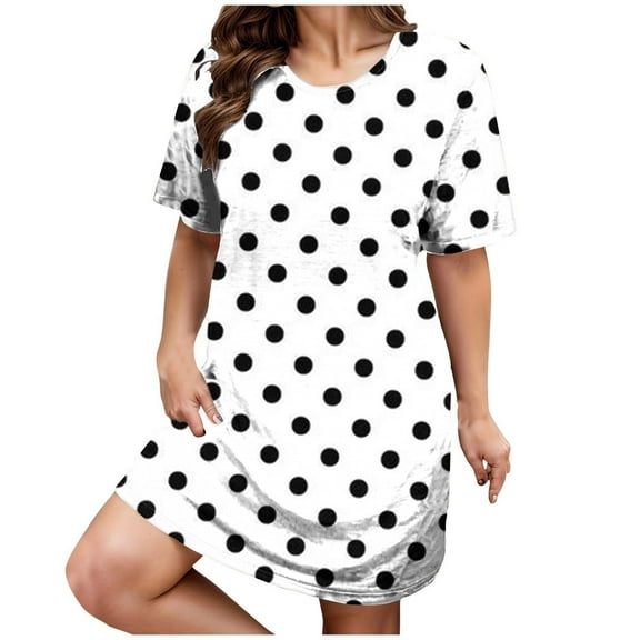 GigrtiJin Womens Summer Plus Size Dresses Round Neck Short Sleeve Polka Dots Dress Fashion Casual Loose Tshirt Dress