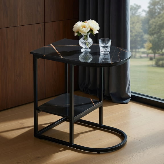 Topcobe C-Shaped Modern Sofa Side Table With Faux Marble Tabletop and Storage Shelf, End Tables Living Room, Modern Furniture for Home-Black