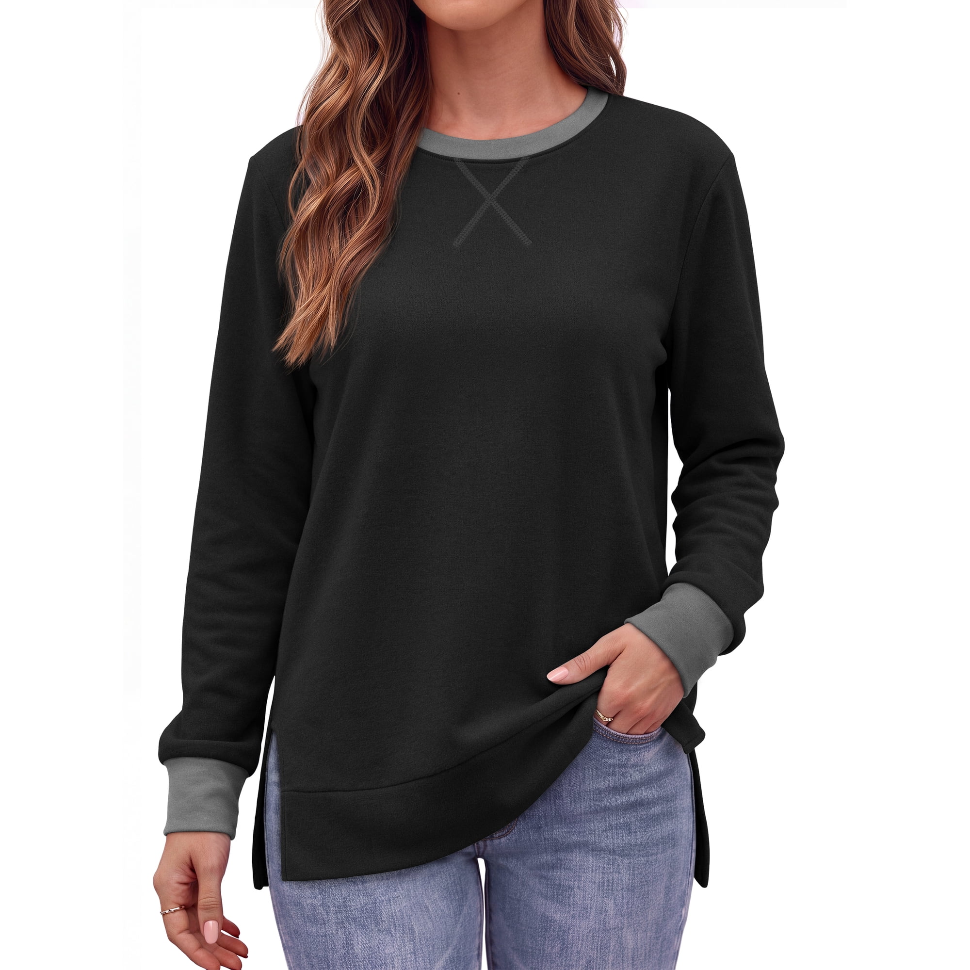 MOSHU Color Block Sweatshirts for Women Side Split Long Sleeve Shirts Crewneck Fall Womens Tops Casual Outfits