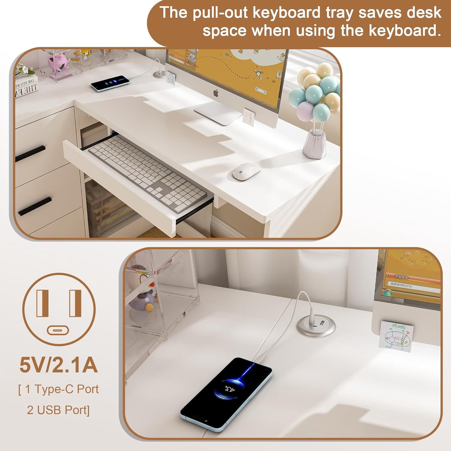 Montary Corner L-Shaped Computer Desk with Glass Display Cabinets & Built-in LED Lights - Office Desk with USB Charging Ports, Keyboard Tray,Compact and Functional Design,White