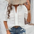 thumbnail image 4 of Olyvenn Puff Sleeve Tops for Women Hollow Out Lace Notched Collar Bubble Blouses V Neck Ruffled Short Sleeve Eyelet Chiffon Shirts White S, 4 of 8