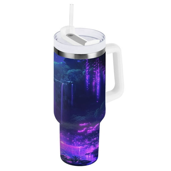 Stainless Steel Tumbler with Straw and Handle, Double Wall Insulated Tumblers, Purple Neon Waterfall