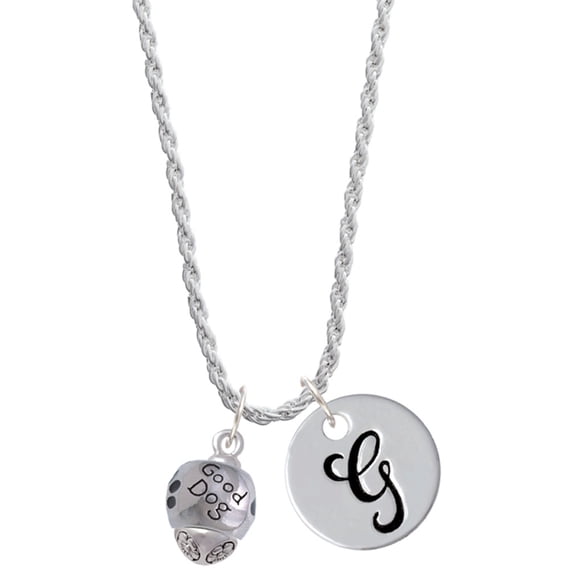 Delight Jewelry Silvertone Good Dog with Black Paw Spinners Silvertone Script Initial Disc - G - Charm Necklace, 20"+3"