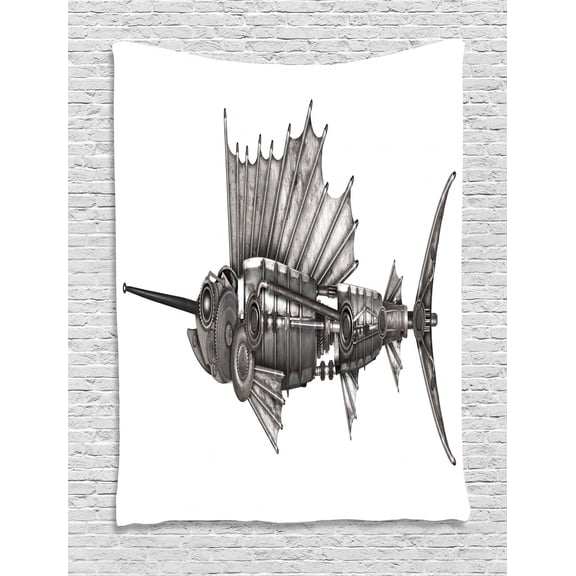 Steampunk Tapestry, Mechanical Animal Photo of Steampunk Style Sailfish Designed with Wheels, Wall Hanging for Bedroom Living Room Dorm Decor, 40W X 60L Inches, Grey and White, by Ambesonne