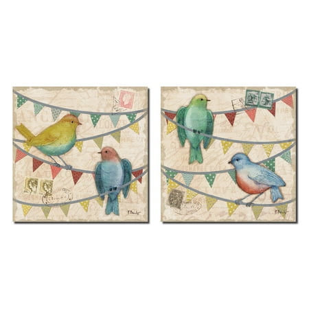 Birds On Wire Fancy Flock | Beautiful Colorful Birds on a Flag Banner Wire; Two 12x12 Poster Prints. Red/Green/Yellow/Beige ()