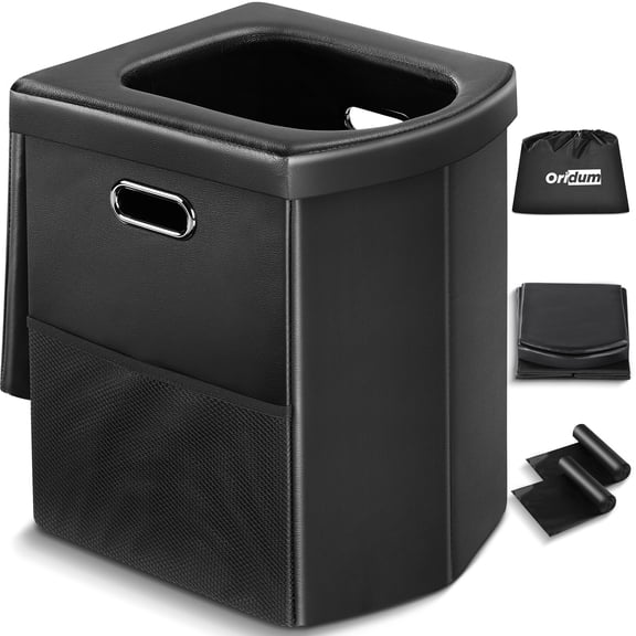 Portable Toilet for Adults, Foldable Camping Toilet with Soft & Comfortable Leather Seat,Hold Up to 400lbs, Height 16.5in for Camping, Car/Road-Tripping, Upgraded handle design