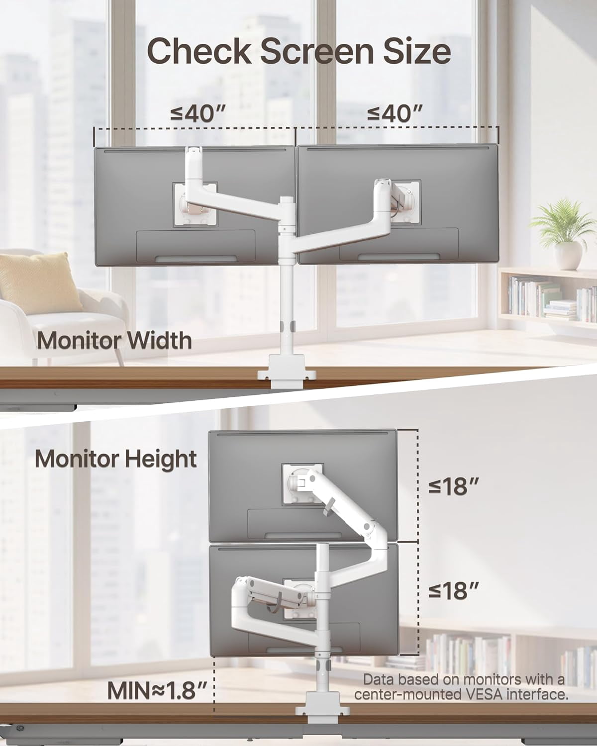 monTEK Dual Monitor Arm for 17–57 in Ultrawide Screens, Vertical Stackable Gas Spring Desk Mount Holds 59.4 lb per Screen, Adjustable Tilt Swivel Rotation, VESA 75x75/100x100, Clamp & Grommet, White