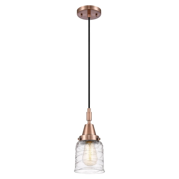 447-1P-AC-G513 Innovations Lighting Bell - 1 Light Cord Hung Mini Pendant-11.13 Inch Tall and 5 Inch Wide-Antique Copper Finish-Clear Deco Swirl Glass