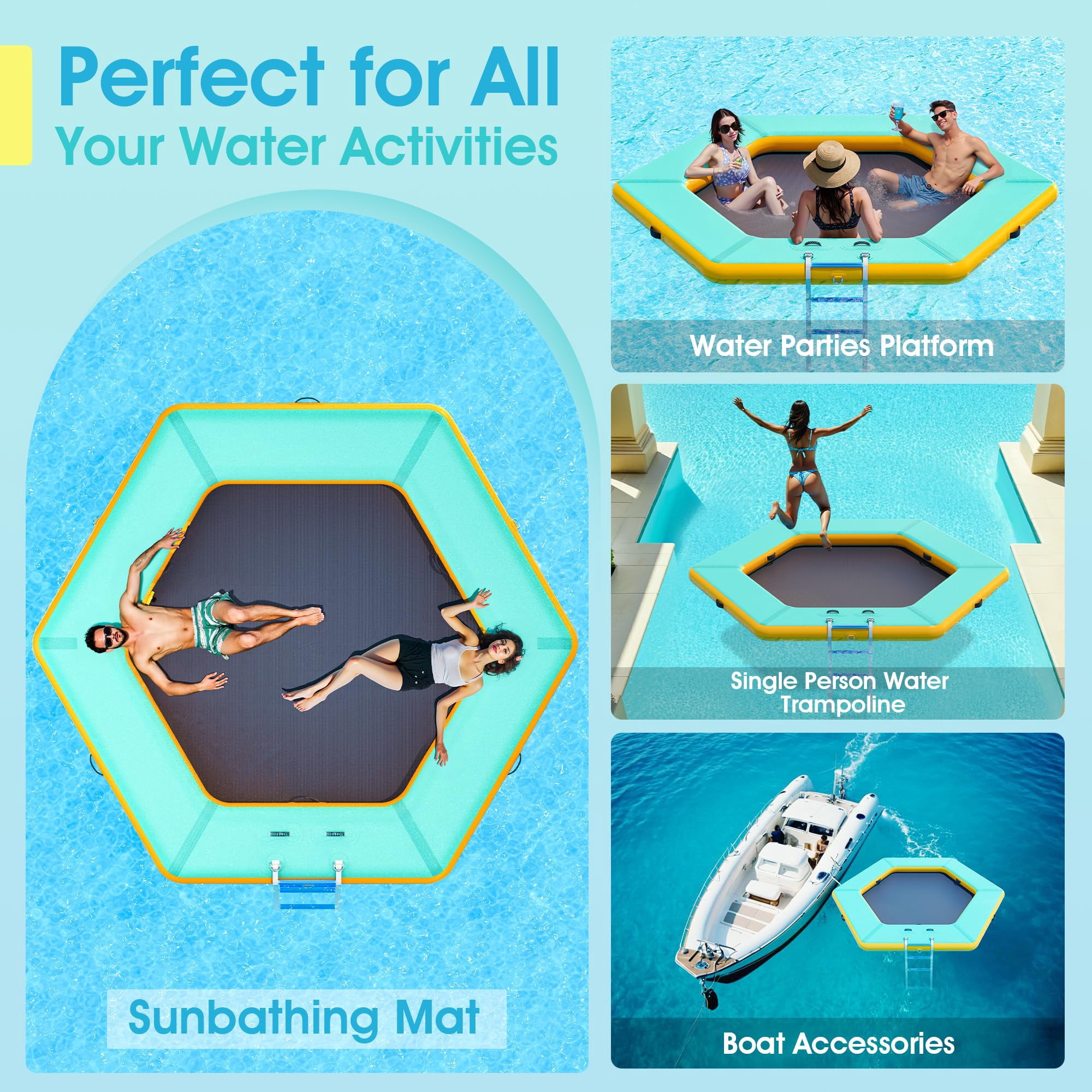Jocisland 10 ft Hexagonal Floating Ring Inflatable Water Hammock with Soft Ladder, Heavy Duty Lake Raft for Pool and Lake, Inflatable Raft Fits Multiple People, Mint Green&Black