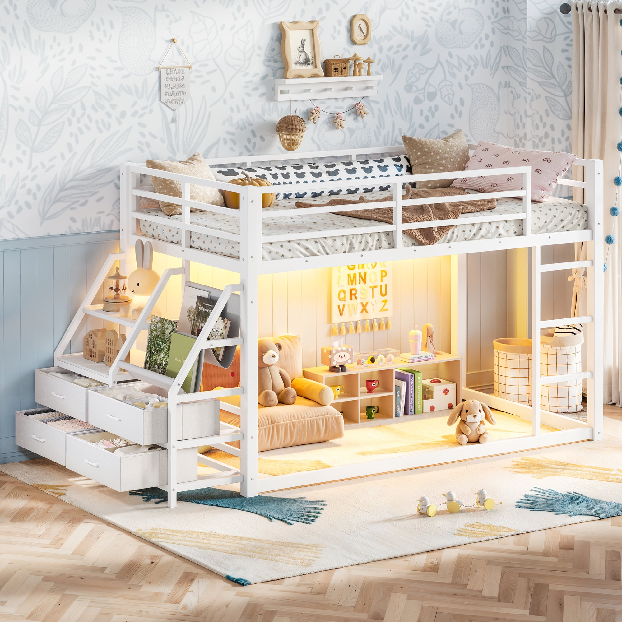 Leumius Metal Bunk Bed Twin over Twin with Storage Shelves and Drawers,Metal Bunk Bed Frame with LED Lights,No Box Spring Need,White
