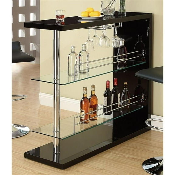 Kingfisher Lane 2 Shelf Pub Table with Wine Storage in Glossy Black