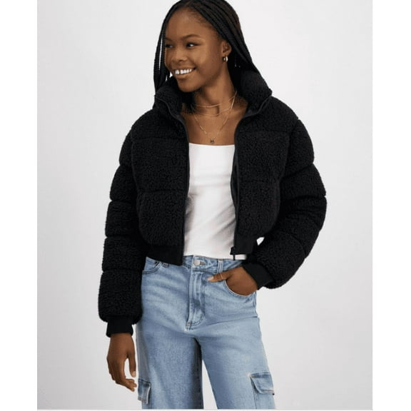 Planet Heart Juniors' Cropped Sherpa Puffer Jacket - Black Beauty