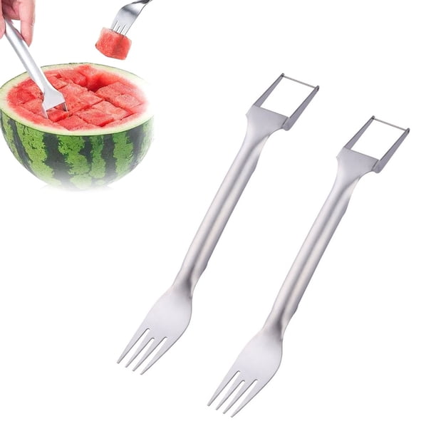 2 uds 2 en 1 cortador de frutas de acero inoxidable tenedores de sandía portátiles