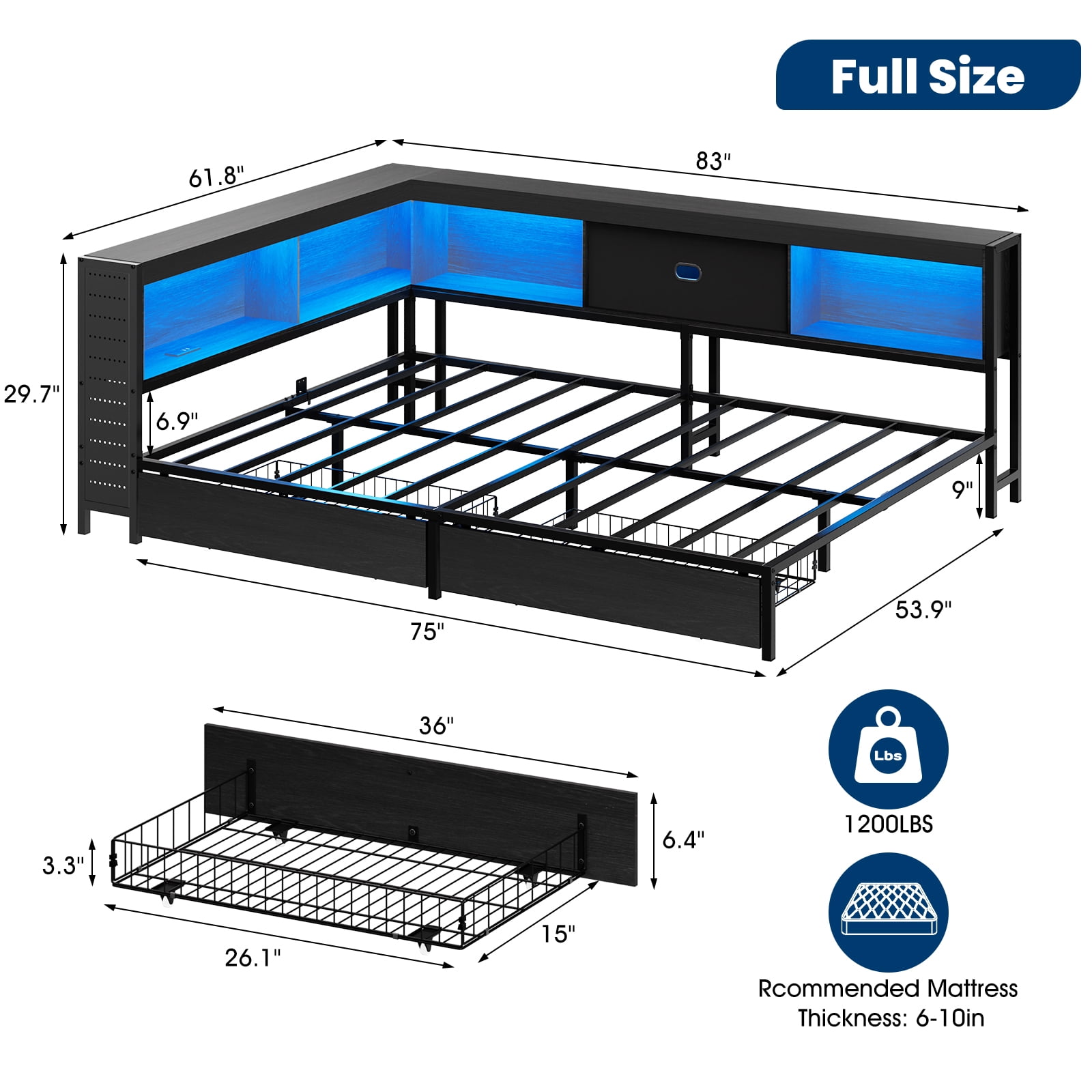 Lusimo Full Corner Bed Frame with Bookcase Storage and LED Lights & Charging Station, Metal Platform Bed Frame with Storage Drawers Underneath for Bedroom, Black