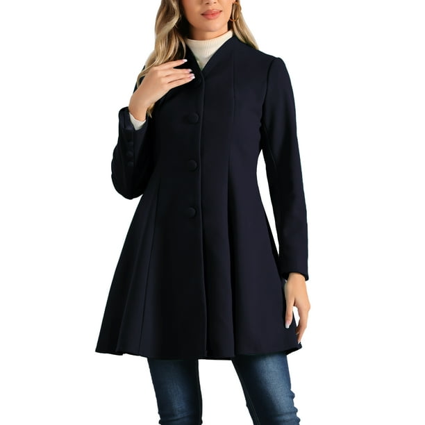 Abrigo de Invierno A-Line de INSPIRE CHIC para Mujeres, Manga Larga, Cierre de Botón Simple, Hemo Peplum, Talla L, Azul Oscuro
