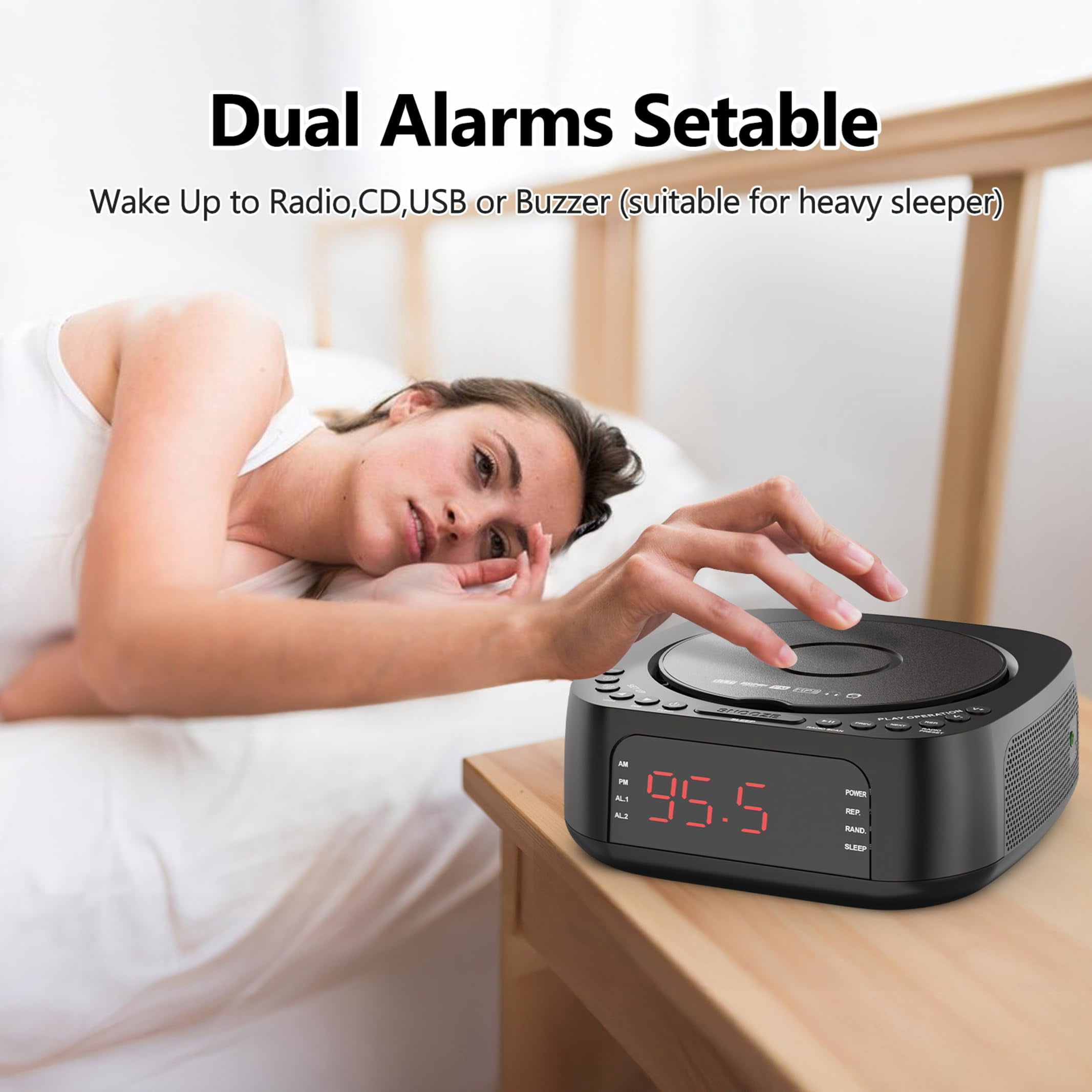 Nidemao CD Player Alarm Clock with Remote Control: Supports CD/MP3 playback, Bluetooth, FM radio, speaker, USB charging, and dimmable display. Suitable for bedrooms – dual alarm clocks, selectable ri