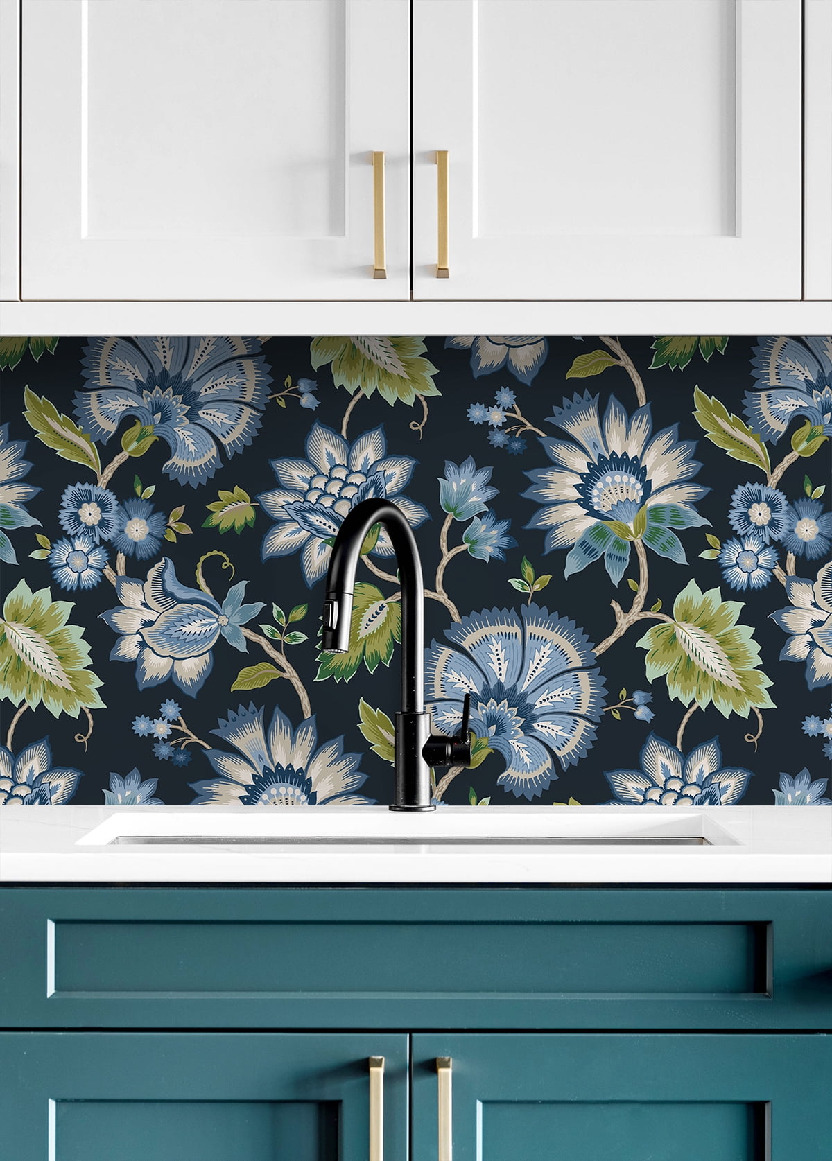 NextWall Midnight Blue Jacobean Blossom Floral Peel and Stick Wallpaper