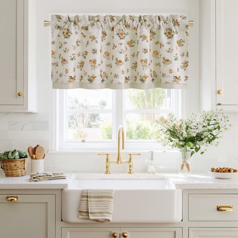 NICETOWN Floral kitchen valances for windows, Double Layer Linen Valance Curtains Rod Pocket Farmhouse Semi Sheer Light Filtering Linen Curtains for Bedroom Living Room, Yellow, 52"x18", 1 Panel
