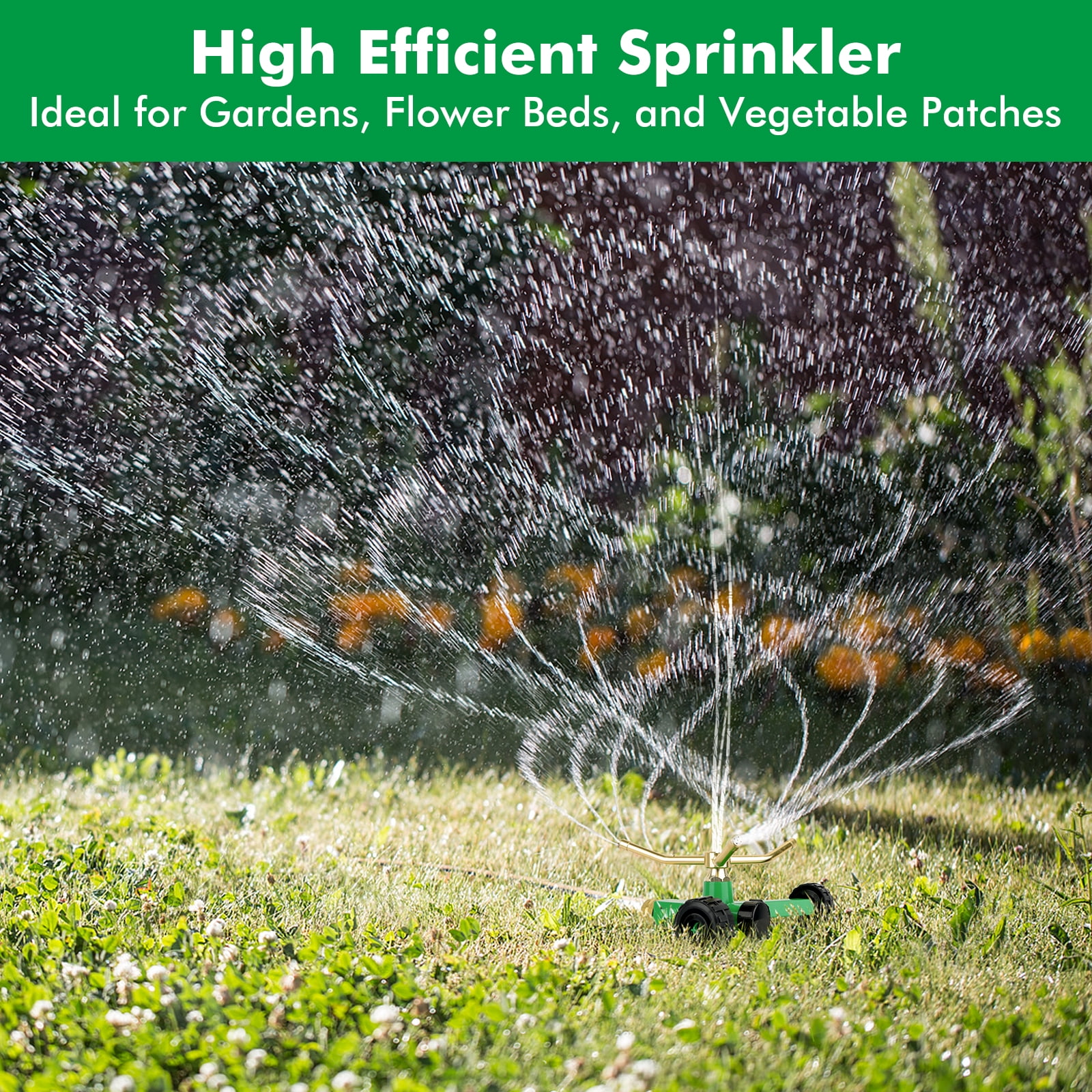 [2 Pack]  3-Arm Metal Sprinkler with Wheel Base, 360 Degree Automatic Rotary Lawn Sprinkler System for Garden Plant, Flower Bed and Yard Watering and Large Yard Area Watering - 1