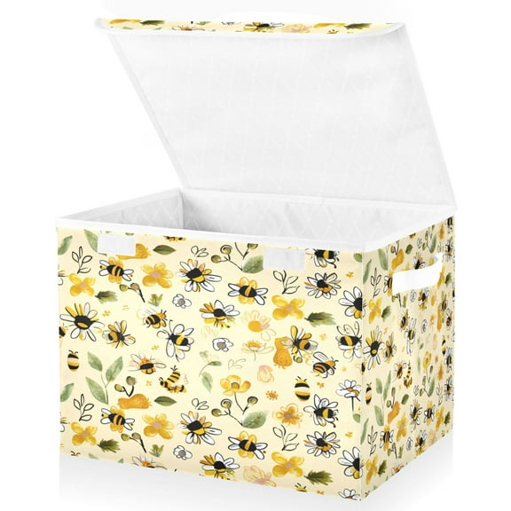 Ryvnso Bee and Floral Large Lidded Foldable Storage Baskets Cubes Boxes Lids Bin for Home