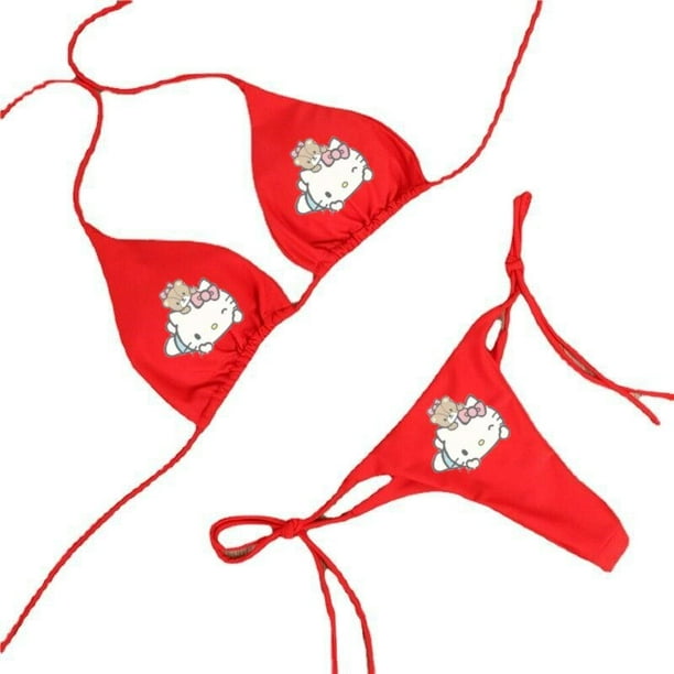 Bikini con lazo de cuello colgante para niñas, traje de baño Sexy de Hello Kitty, sujetador ajustable, chaleco, regalos, Anime Kuromi Y2K, 2 piezas