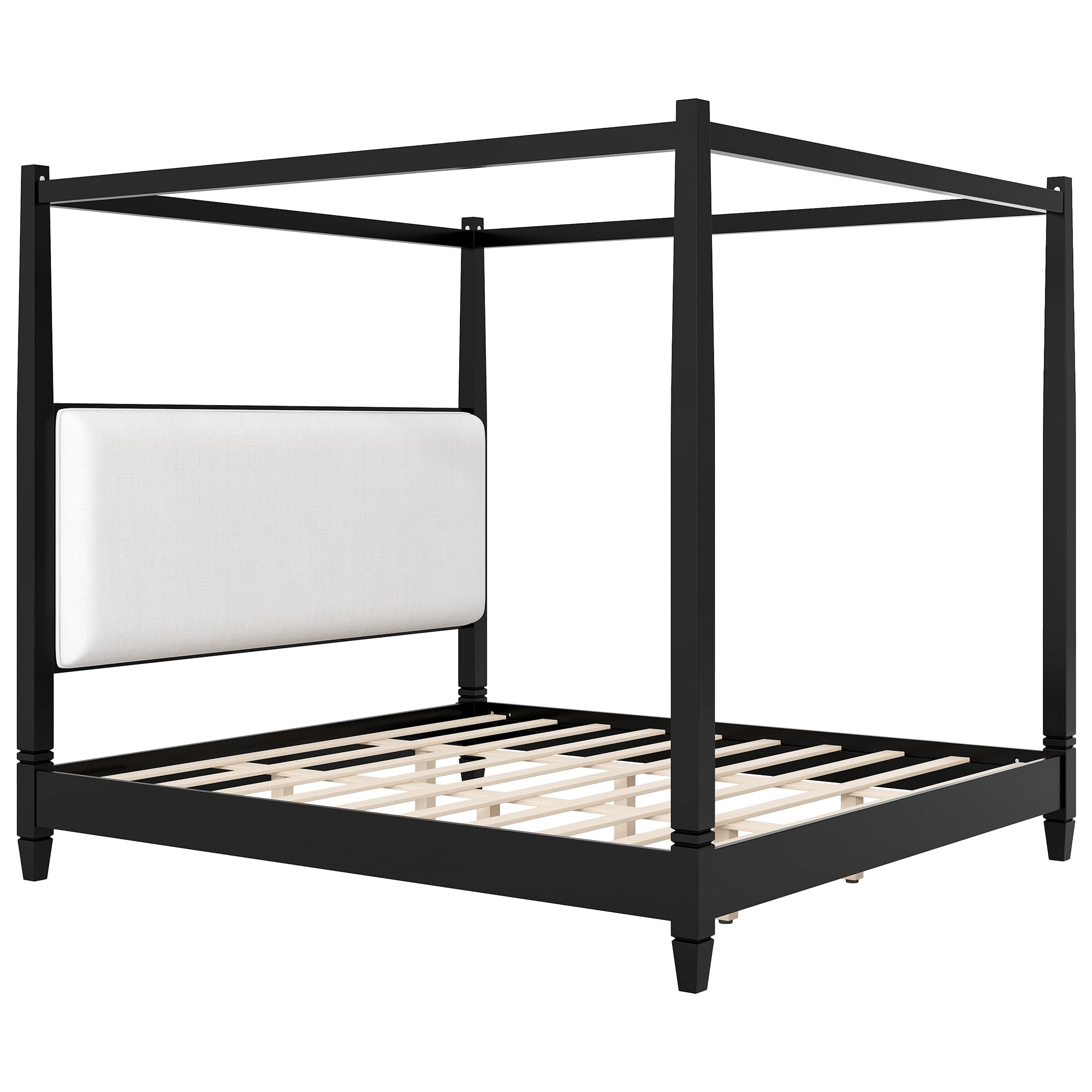 Euroco Wood King Size Canopy Platform Bed with Upholstery Headboard, Black