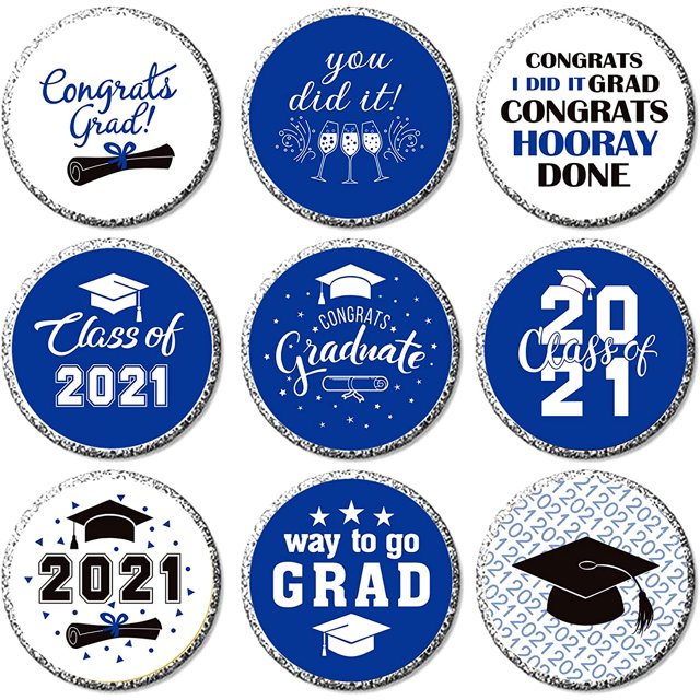 540 Pcs Autocollants de Collation des Grades 9 Modèles Étiquettes de Félicitations Diplômé Cadeaux de Fête Bleu Blanc Sacs à Friandises Étiquettes Cercles Décalcomanies pour Fête de Collation des Grades Collège Secondaire Décoration d'Envoi de Chocolats