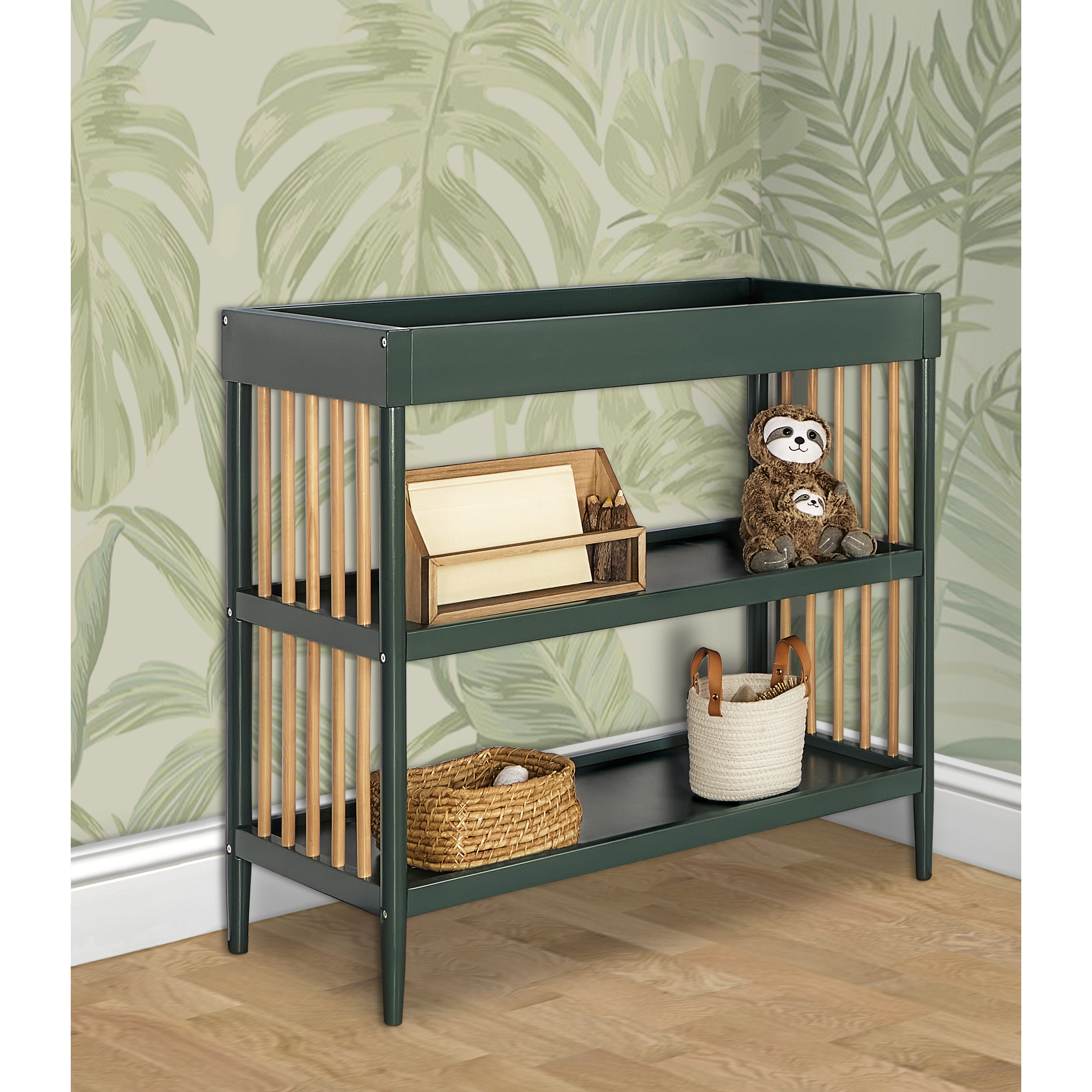 Bundle of Dream On Me Clover 4 in 1 Modern Island Crib with Rounded Spindles, Dream On Me Clover Changing Table, with a Dream On Me Honeycomb Firm Fiber Standard Crib Mattress, Olive