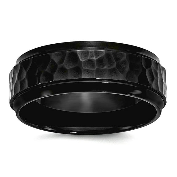 Stainless Steel 8mm Black Ip Plated Hammered Polished Beveled Edge Band Ring Size 11 Ring for Women and Men